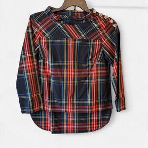 J.Crew plaid high neck blouse with rhinestone button detail on shoulder Size: 4